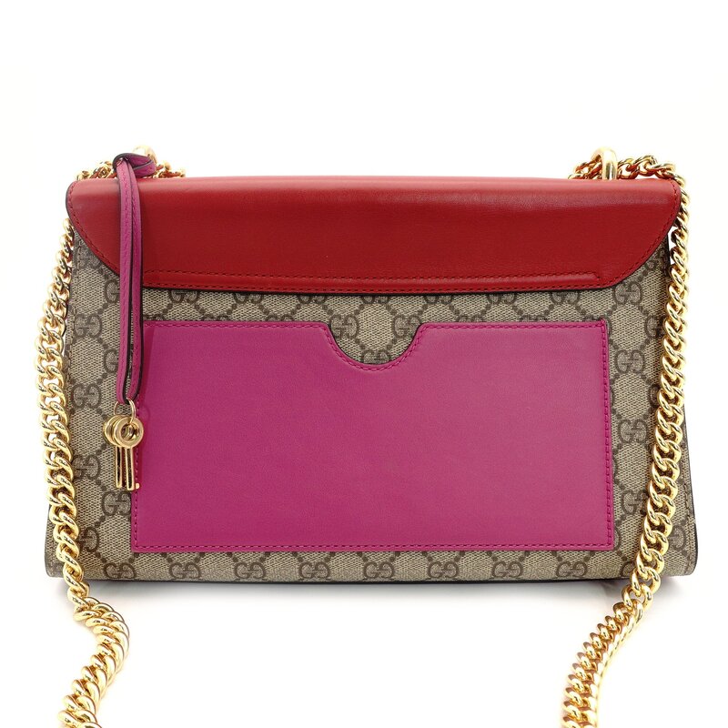 GUCCI Chain Shoulder Bag GG Canvas PVC Beige × Pink × Red Leather Crossbody 7-7-735