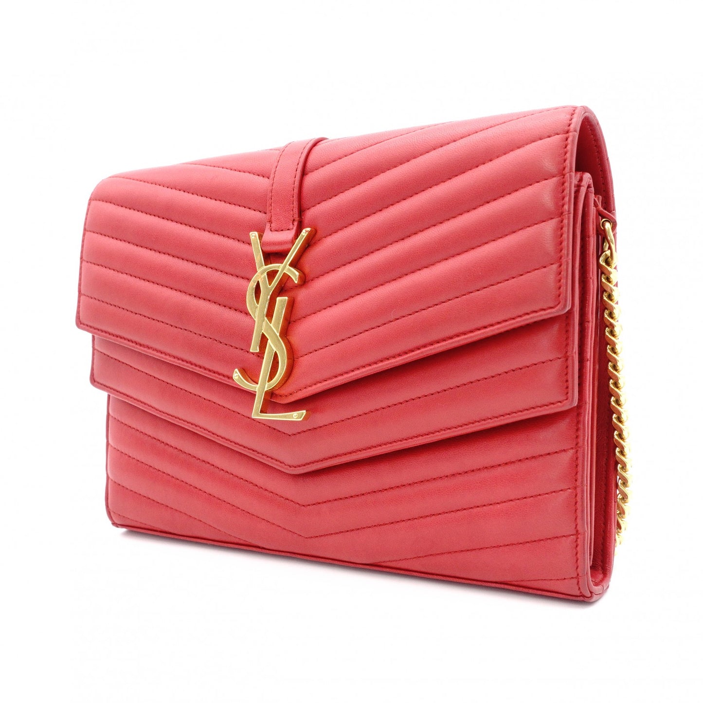 YVES SAINT LAURENT Chain Wallet V-Stitch Shoulder Bag, Leather, Red