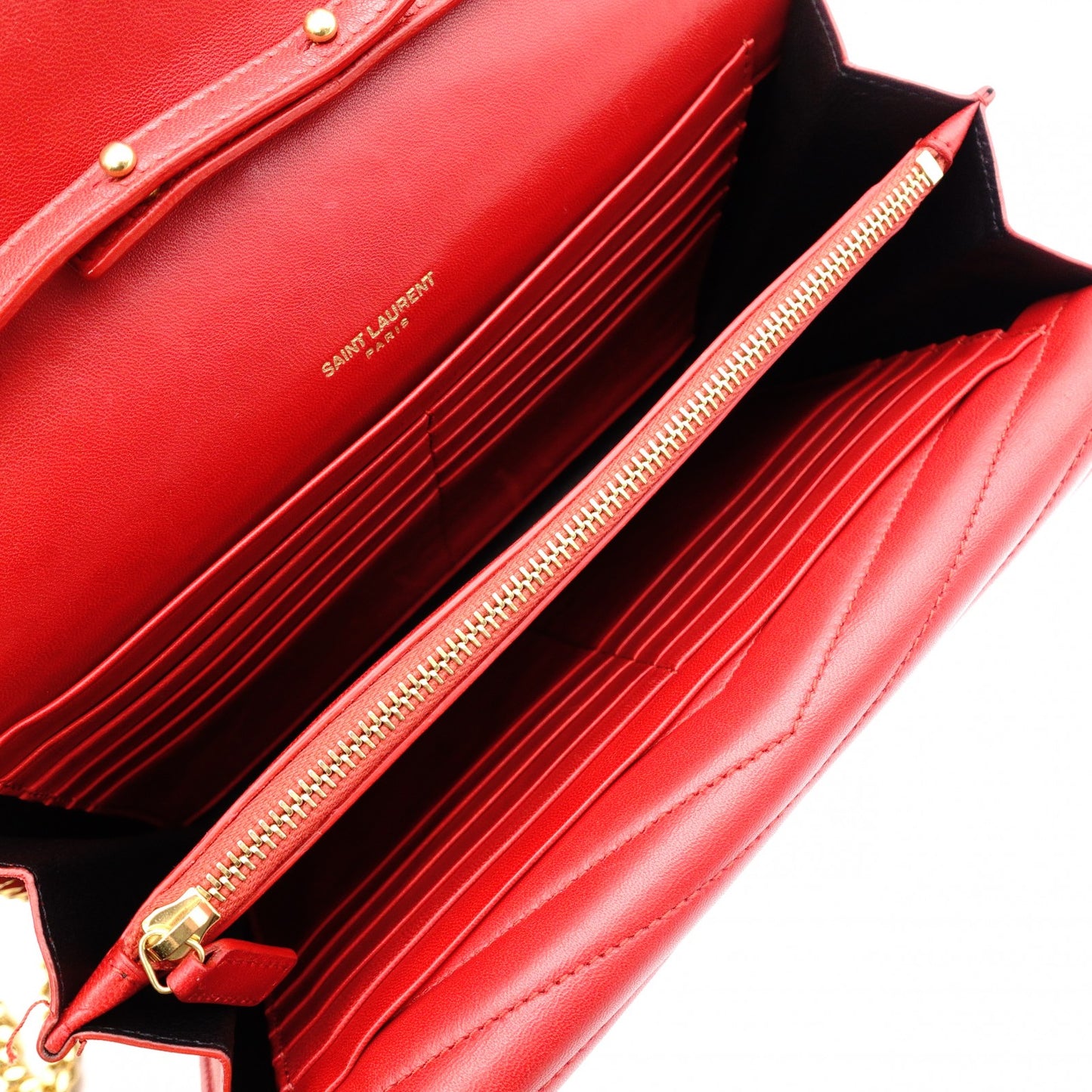 YVES SAINT LAURENT Chain Wallet V-Stitch Shoulder Bag, Leather, Red