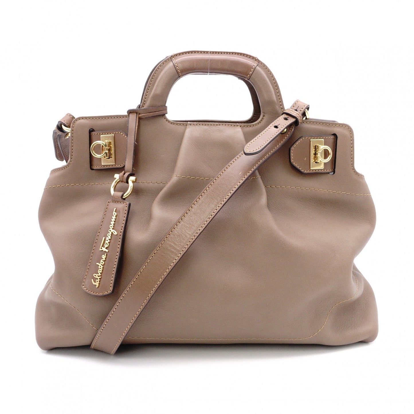 Salvatore Ferragamo Gancini Handbag, Leather, Brown, Gold Hardware