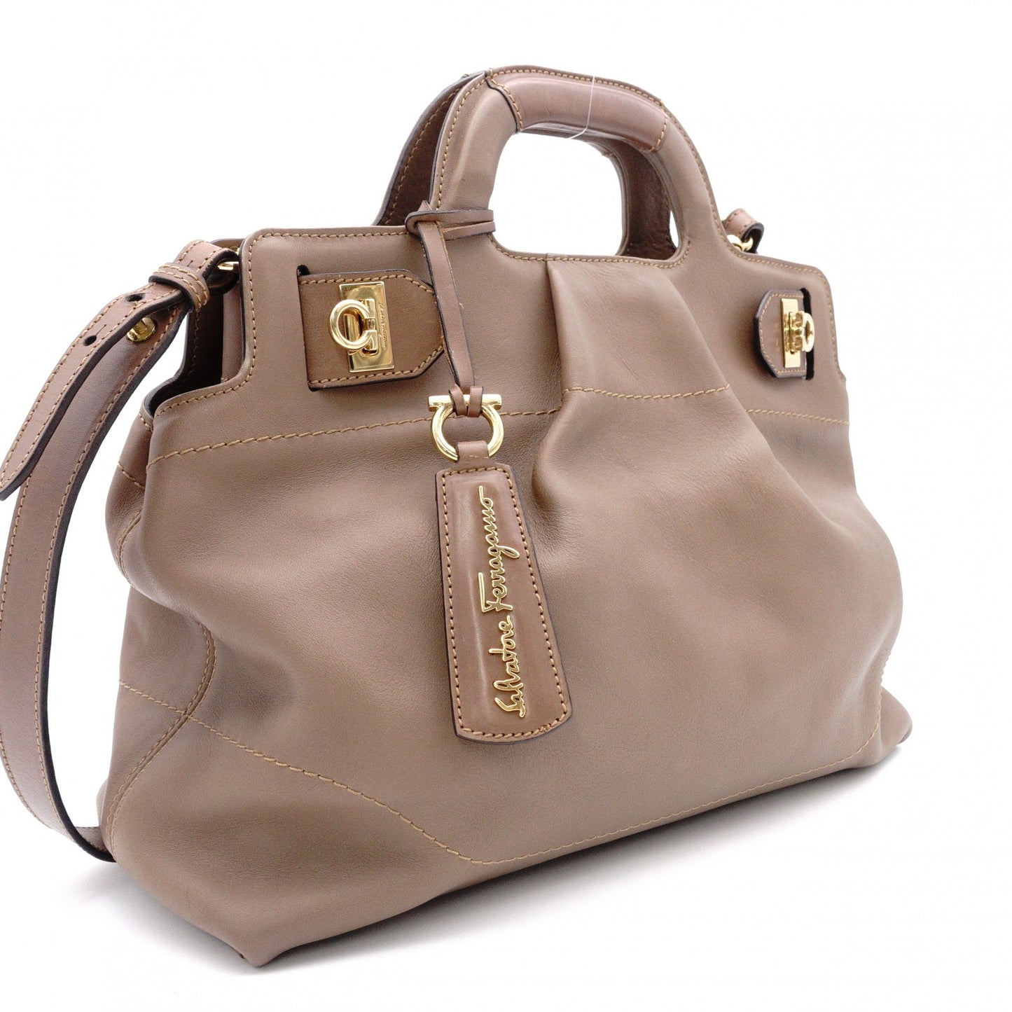 Salvatore Ferragamo Gancini Handbag, Leather, Brown, Gold Hardware