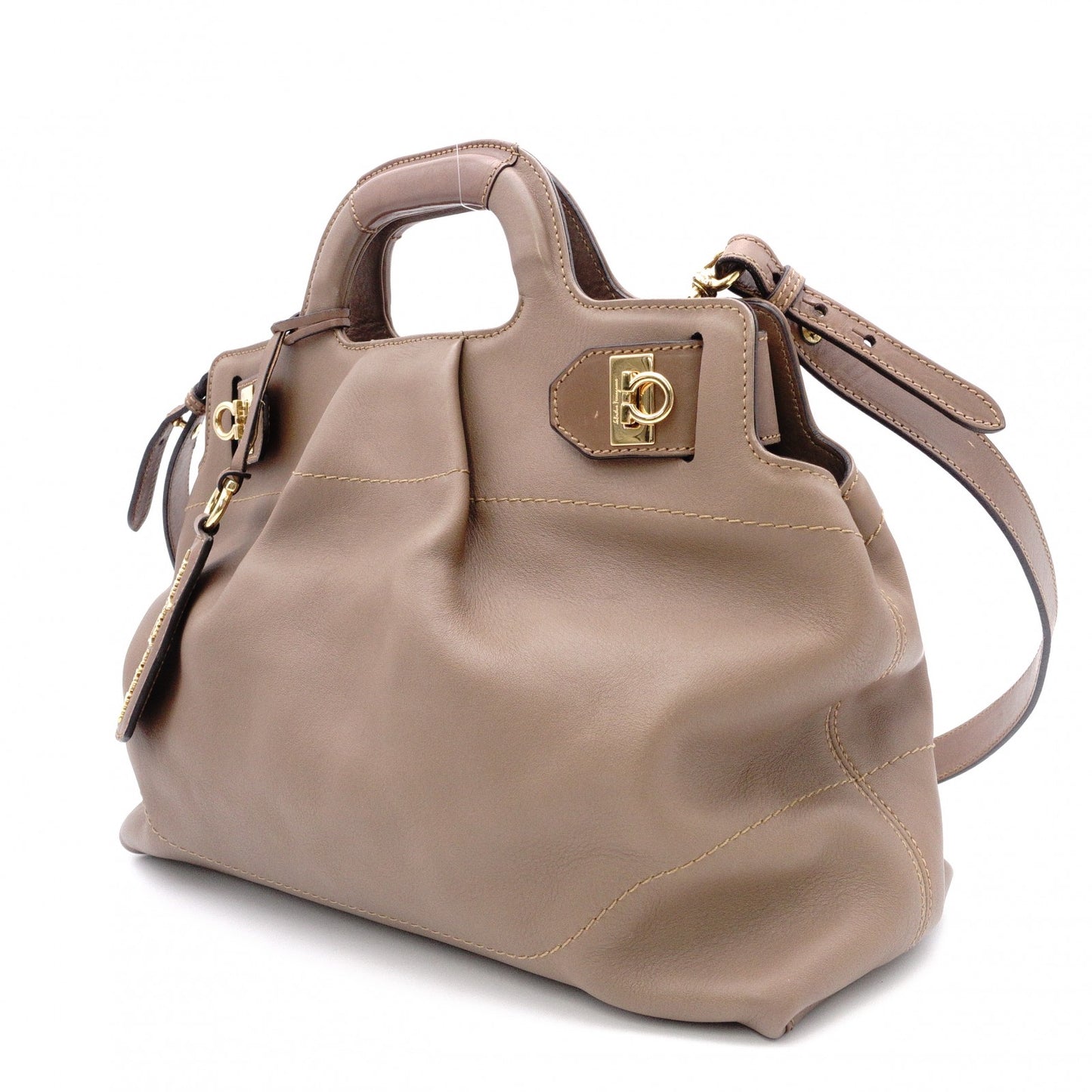 Salvatore Ferragamo Gancini Handbag, Leather, Brown, Gold Hardware