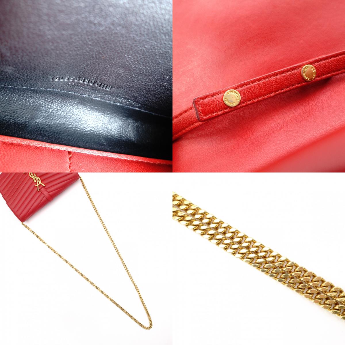YVES SAINT LAURENT Chain Wallet V-Stitch Shoulder Bag, Leather, Red