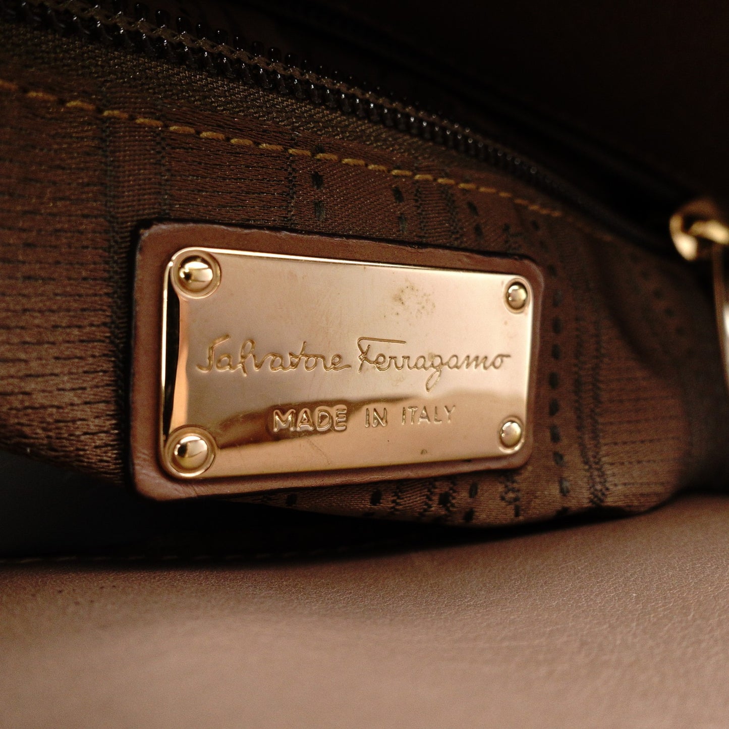 Salvatore Ferragamo Gancini Handbag, Leather, Brown, Gold Hardware