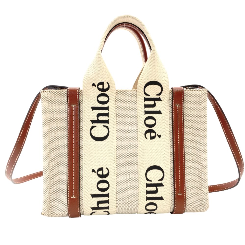 CHLOE Woody Small Handbag Canvas Beige × Brown 2-Way Leather Crossbody R8011026