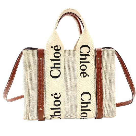 CHLOE Woody Small Handbag Canvas Beige × Brown 2-Way Leather Crossbody R8011026