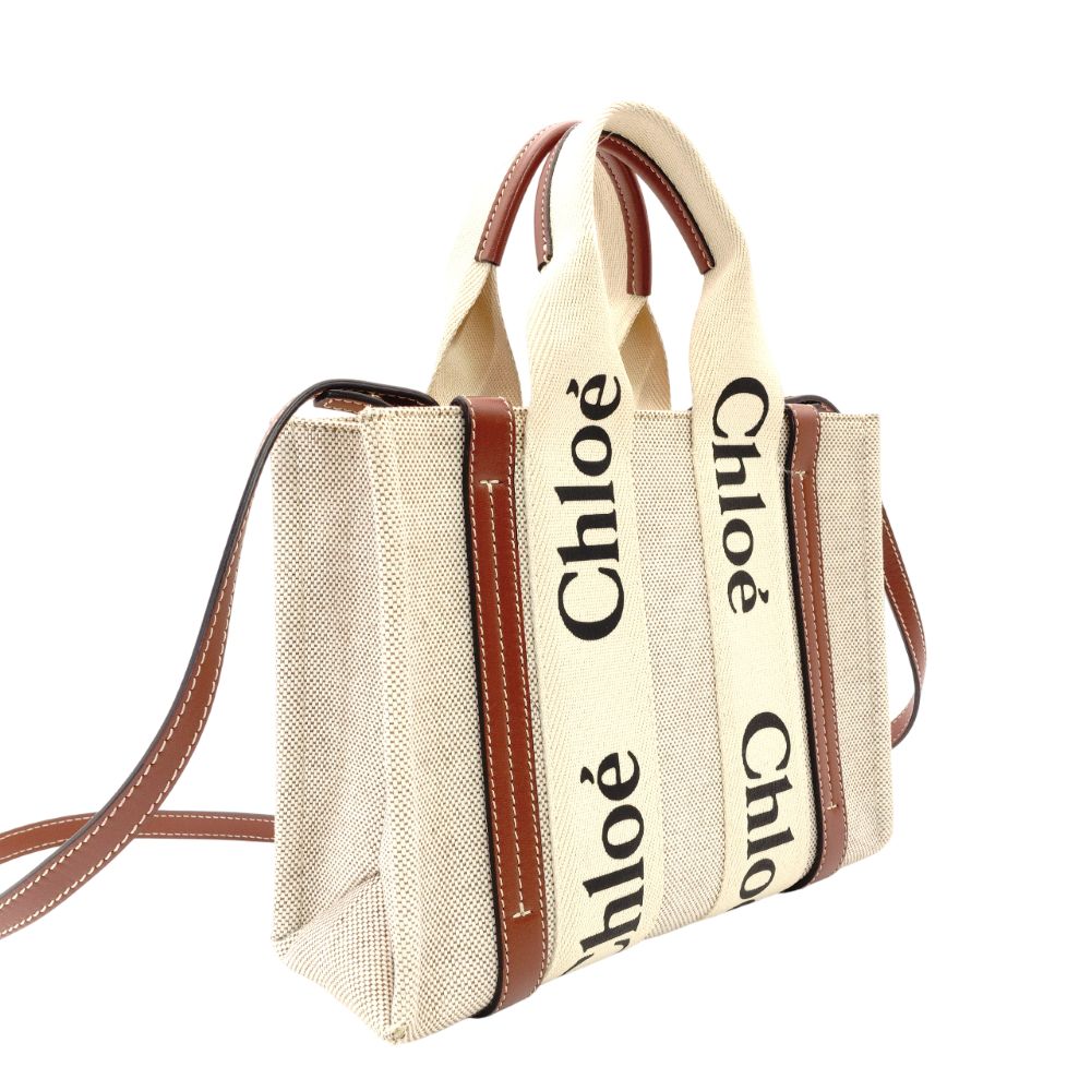 CHLOE Woody Small Handbag Canvas Beige × Brown 2-Way Leather Crossbody R8011026