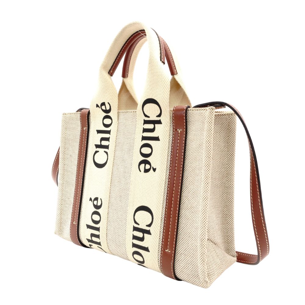 CHLOE Woody Small Handbag Canvas Beige × Brown 2-Way Leather Crossbody R8011026