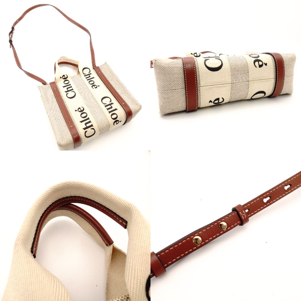 CHLOE Woody Small Handbag Canvas Beige × Brown 2-Way Leather Crossbody R8011026