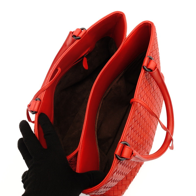 Bottega Veneta Intrecciato Handbag Red Leather Tote Red 7-9-625