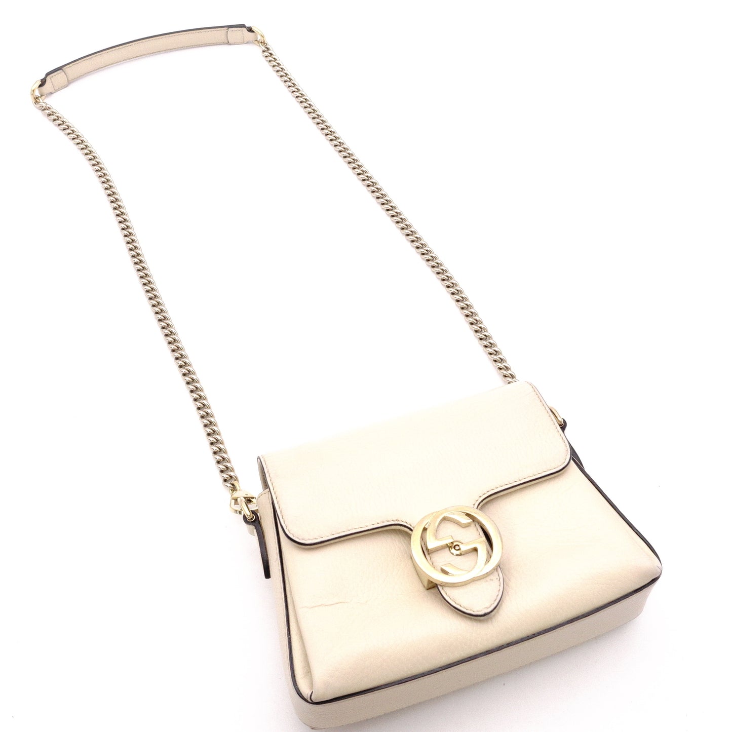 GUCCI Interlocking Shoulder Bag, Leather, Off-White, Crossbody, GG Logo, Gold Hardware