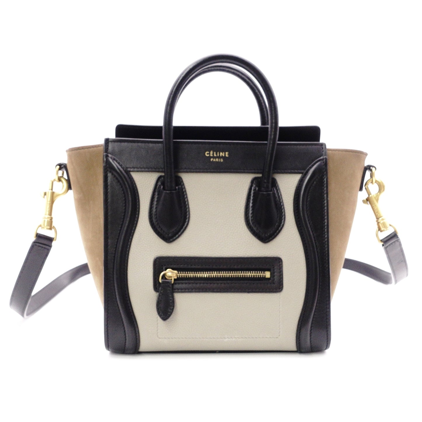CELINE Luggage Nano Shopper Handbag, Leather, Beige/Black, 2-Way Crossbody