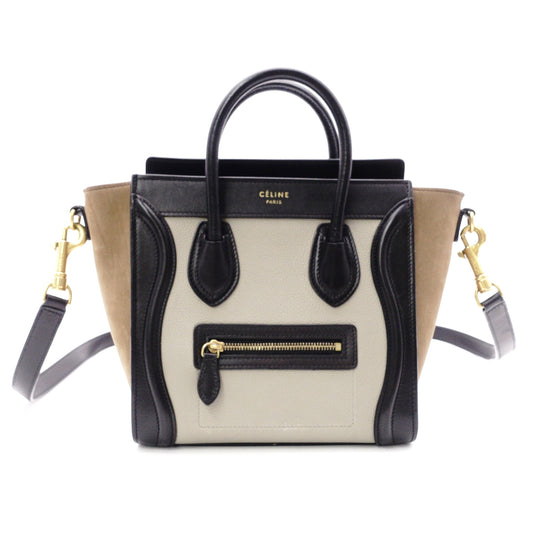 CELINE Luggage Nano Shopper Handbag, Leather, Beige/Black, 2-Way Crossbody