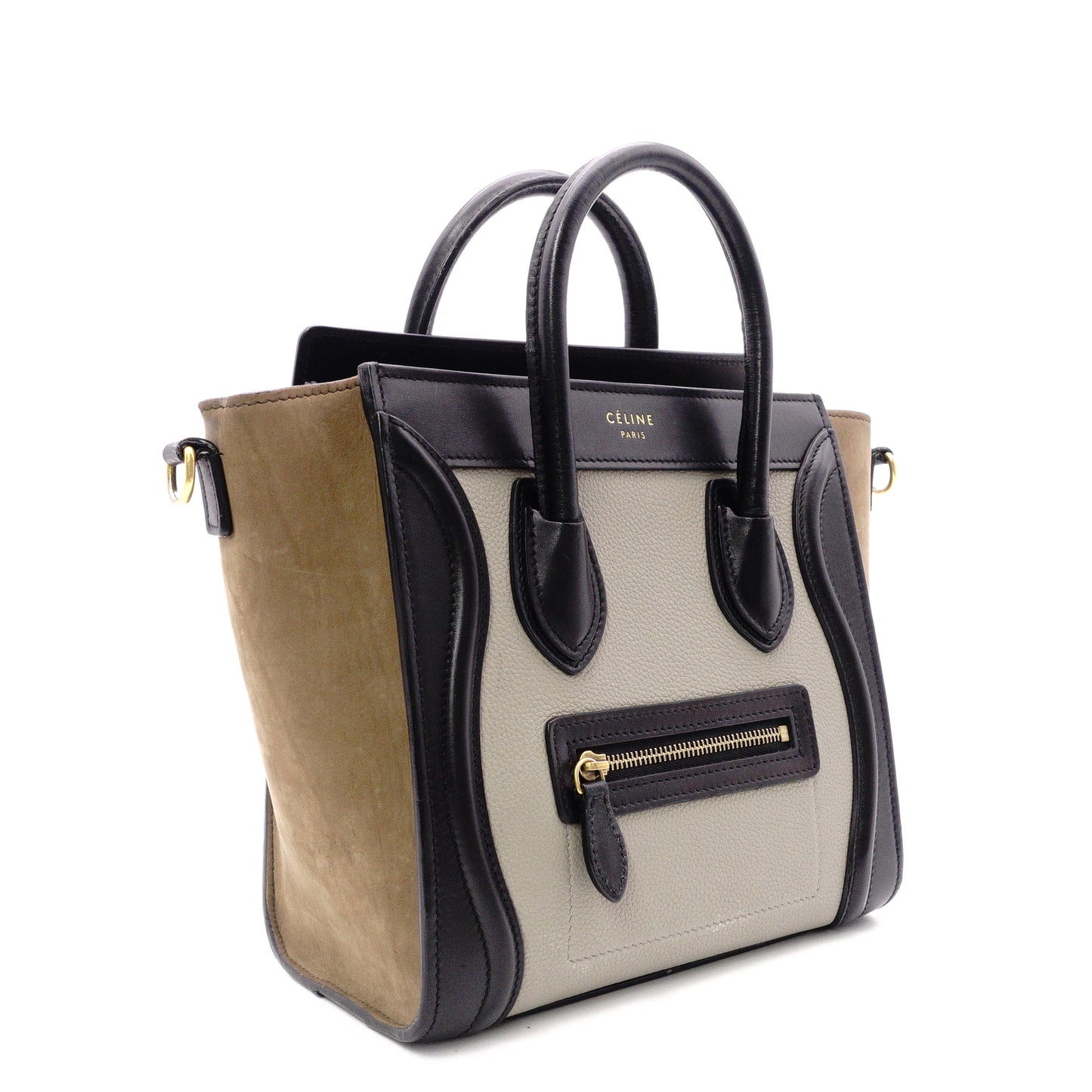 CELINE Luggage Nano Shopper Handbag, Leather, Beige/Black, 2-Way Crossbody