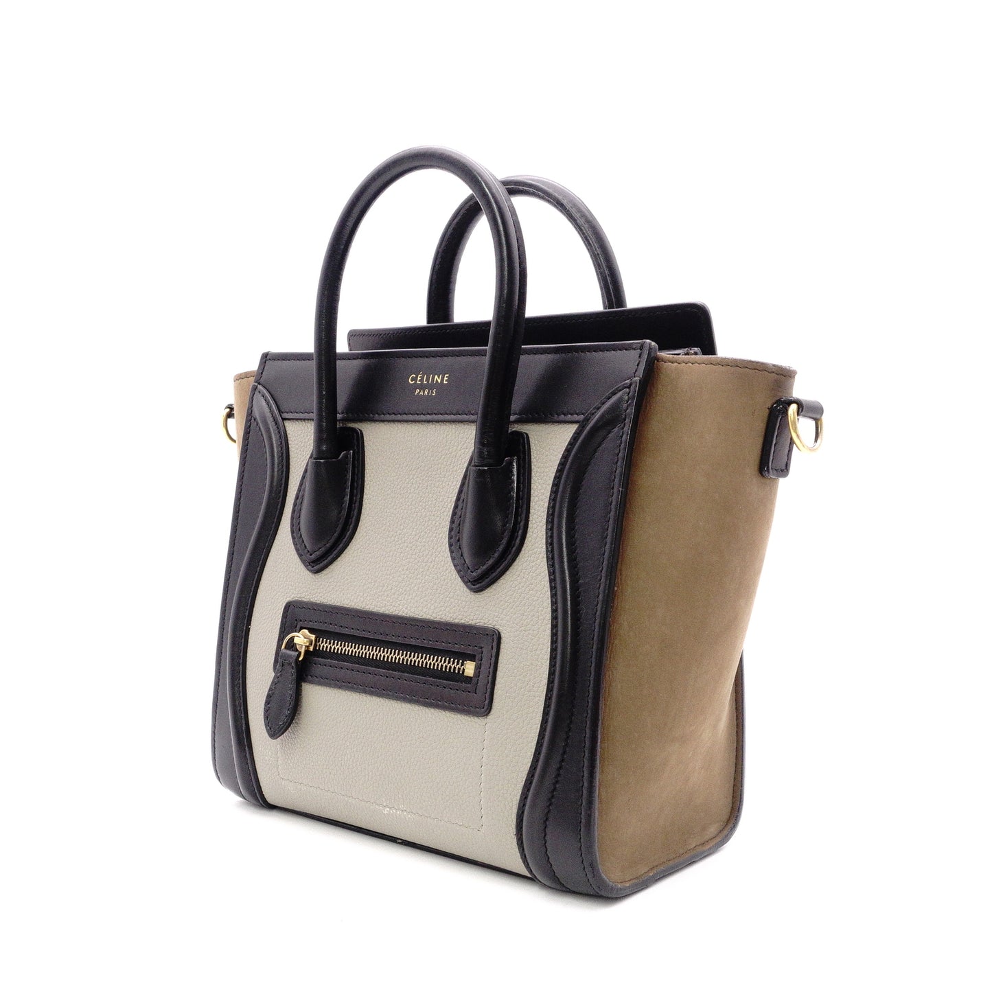 CELINE Luggage Nano Shopper Handbag, Leather, Beige/Black, 2-Way Crossbody