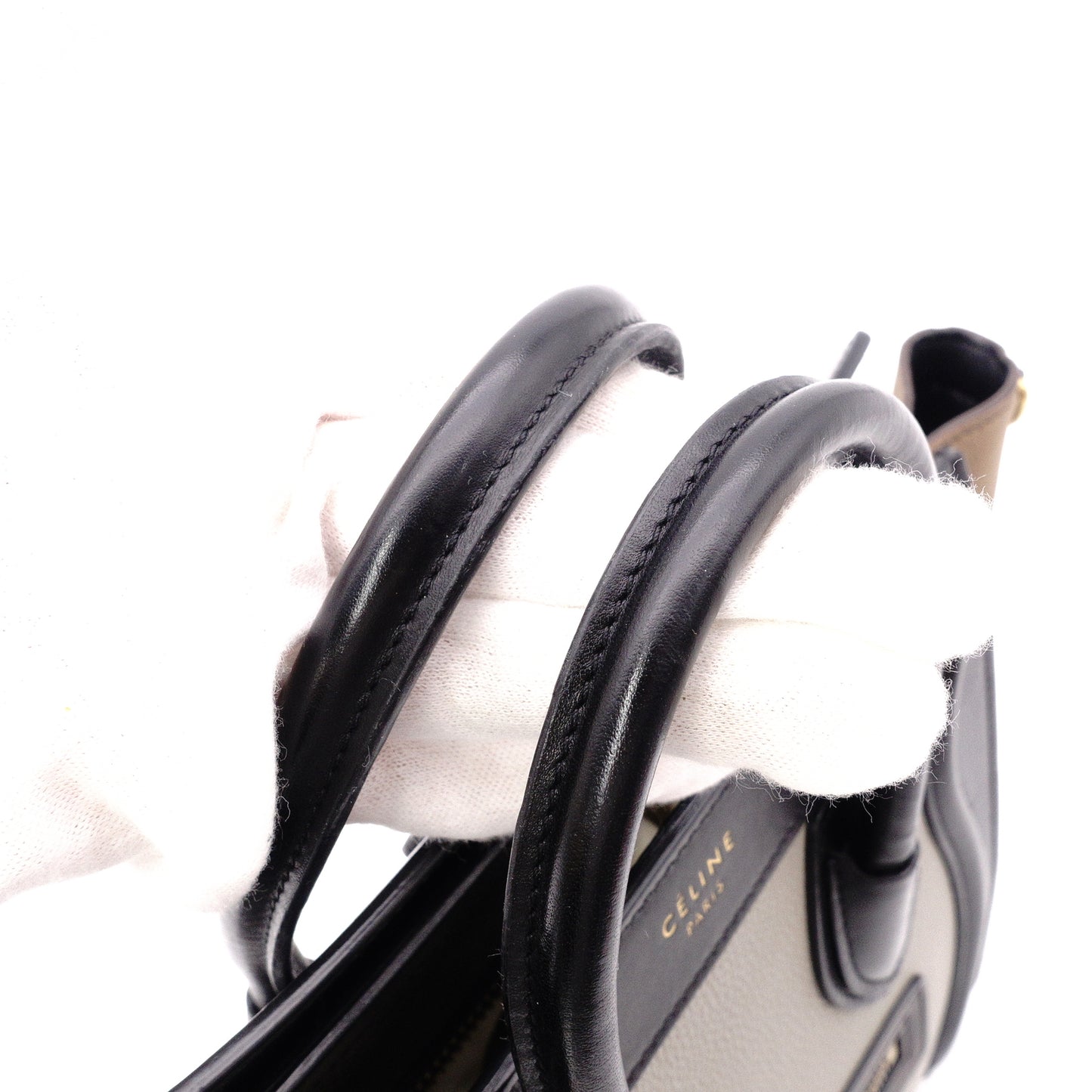CELINE Luggage Nano Shopper Handbag, Leather, Beige/Black, 2-Way Crossbody
