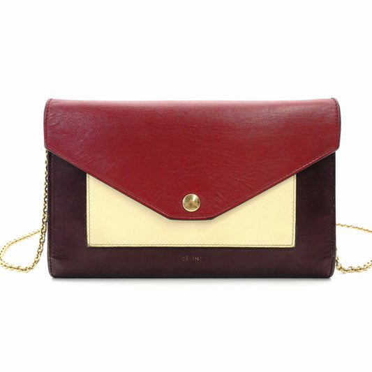 CELINE Tri-Faure Chain Wallet Red Leather Gold Hardware Long Wallet Shoulder Bag R801981
