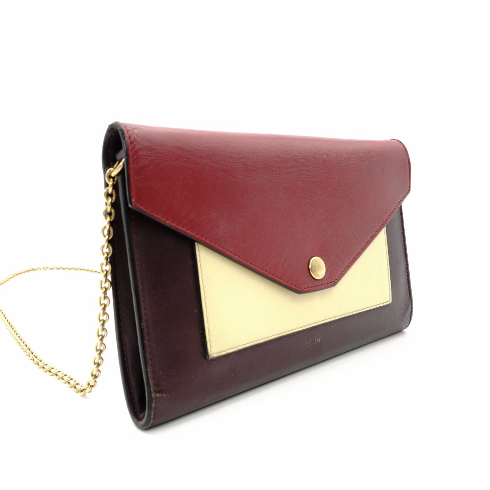 CELINE Tri-Faure Chain Wallet Red Leather Gold Hardware Long Wallet Shoulder Bag R801981