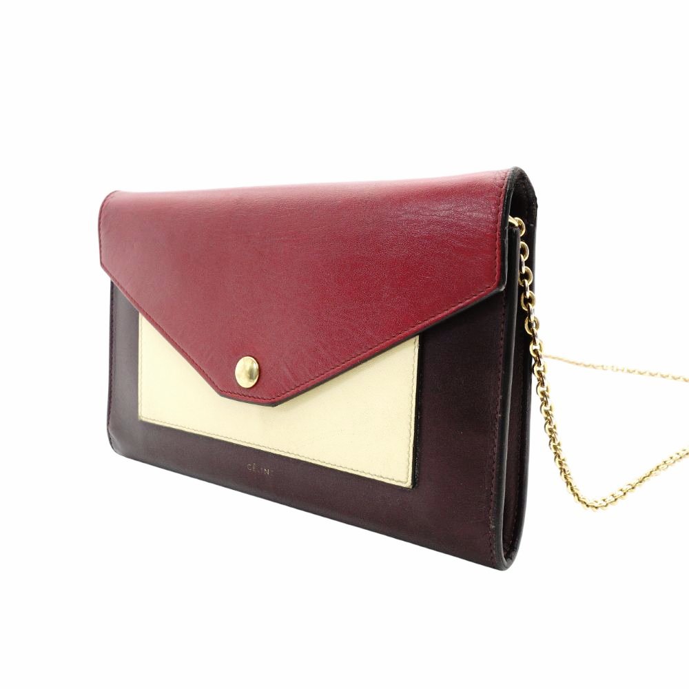 CELINE Tri-Faure Chain Wallet Red Leather Gold Hardware Long Wallet Shoulder Bag R801981