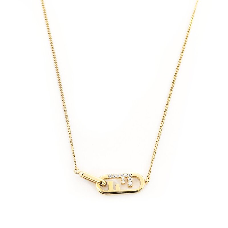 FENDI F Logo Rhinestone Necklace Gold Pendant with Box 7-9-791