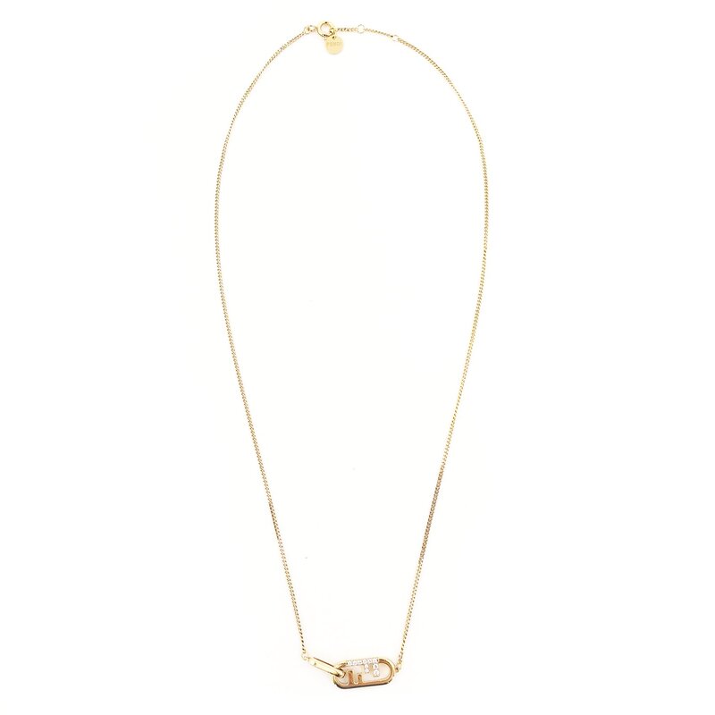 FENDI F Logo Rhinestone Necklace Gold Pendant with Box 7-9-791