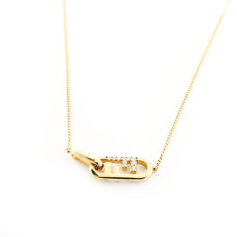 FENDI F Logo Rhinestone Necklace Gold Pendant with Box 7-9-791