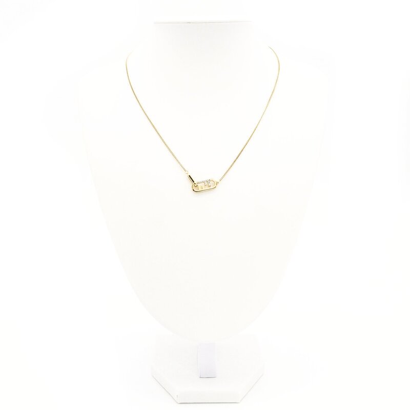 FENDI F Logo Rhinestone Necklace Gold Pendant with Box 7-9-791