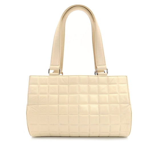 CHANEL Chocolate Bar Shoulder Bag Leather Beige Lambskin CC Logo 7-6-785