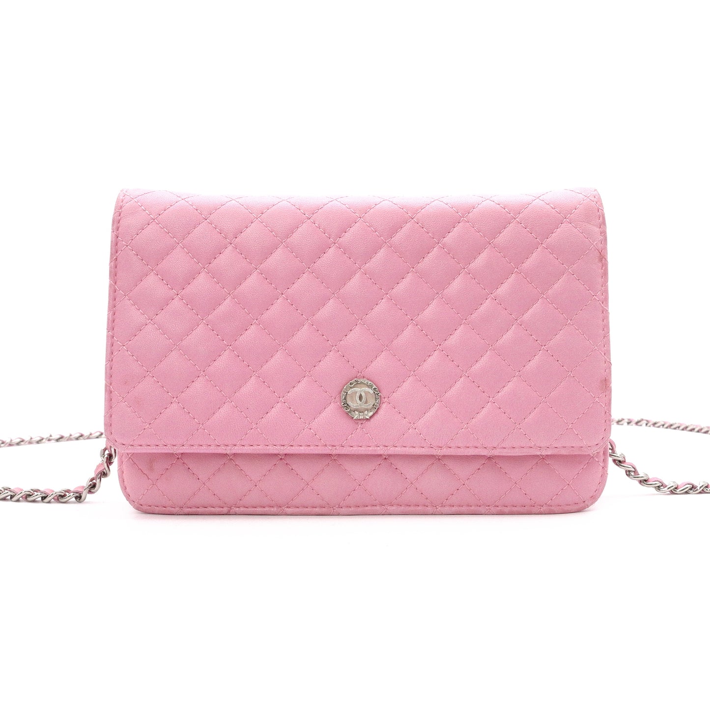 CHANEL Matelassé Wallet Chain, Leather, Pink, Crossbody, Silver Hardware