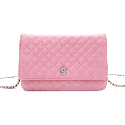 CHANEL Matelassé Wallet Chain, Leather, Pink, Crossbody, Silver Hardware
