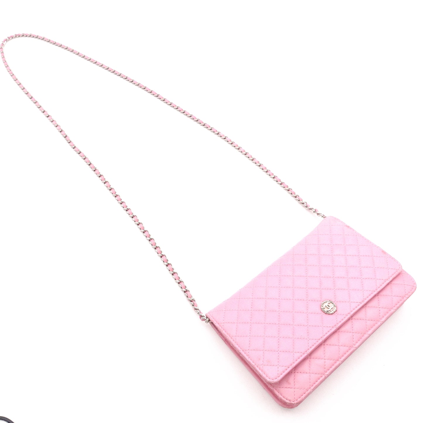CHANEL Matelassé Wallet Chain, Leather, Pink, Crossbody, Silver Hardware