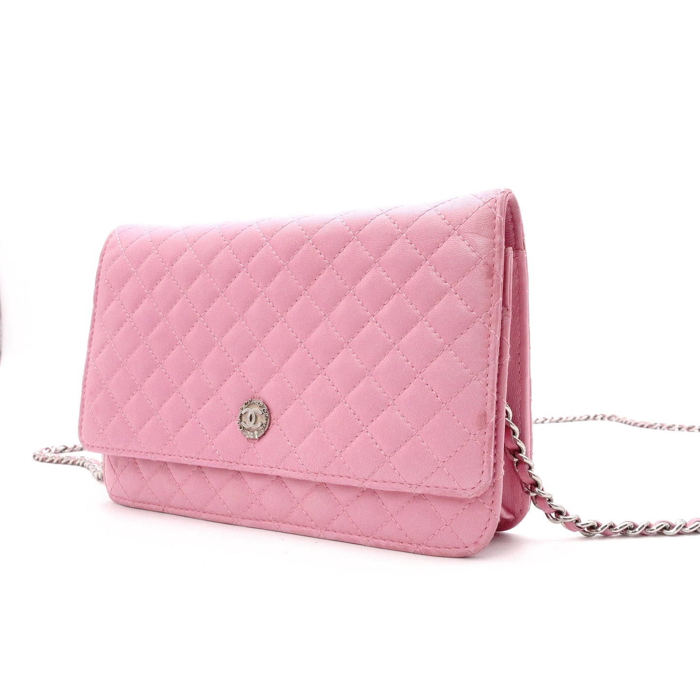 CHANEL Matelassé Wallet Chain, Leather, Pink, Crossbody, Silver Hardware