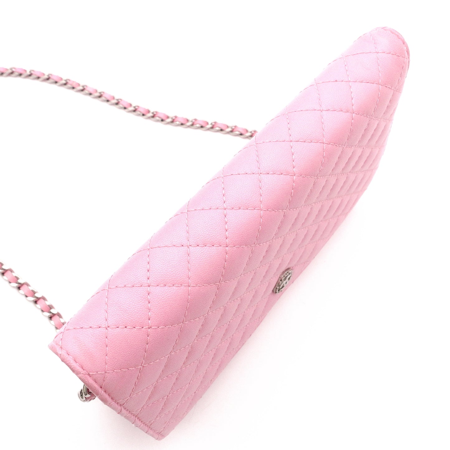 CHANEL Matelassé Wallet Chain, Leather, Pink, Crossbody, Silver Hardware