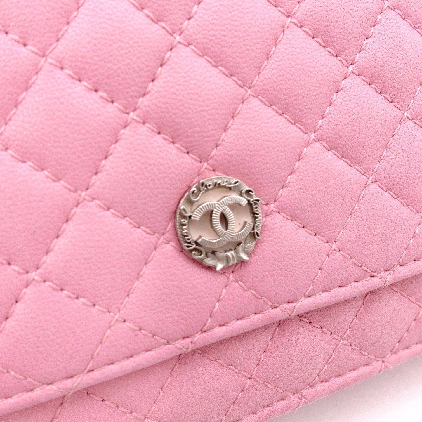 CHANEL Matelassé Wallet Chain, Leather, Pink, Crossbody, Silver Hardware