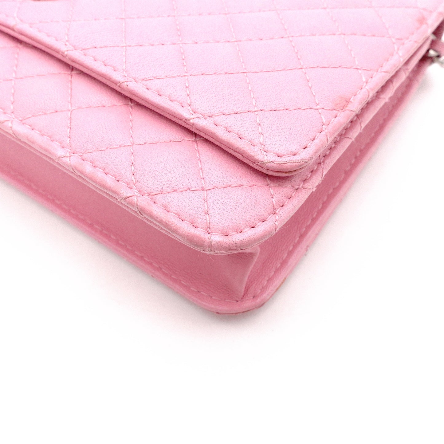 CHANEL Matelassé Wallet Chain, Leather, Pink, Crossbody, Silver Hardware