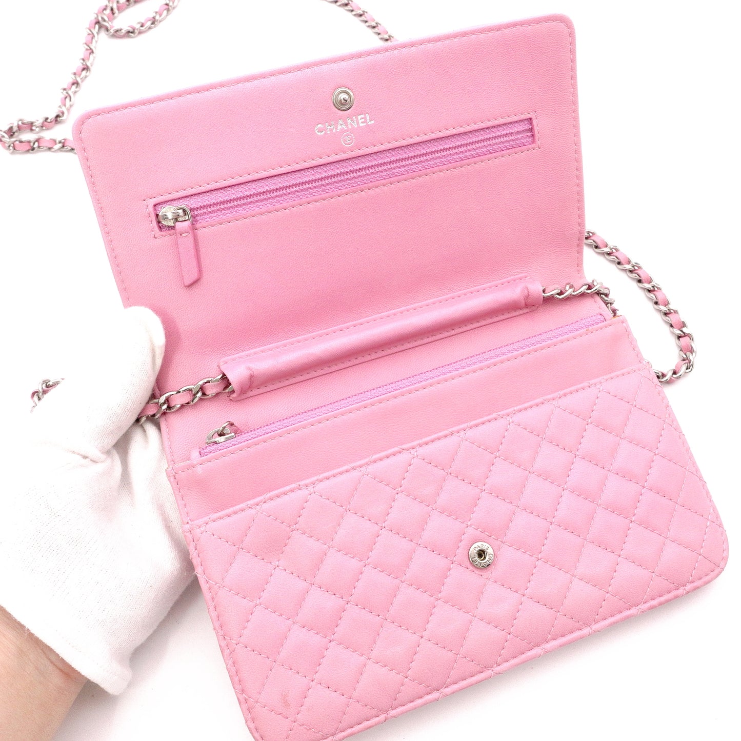 CHANEL Matelassé Wallet Chain, Leather, Pink, Crossbody, Silver Hardware