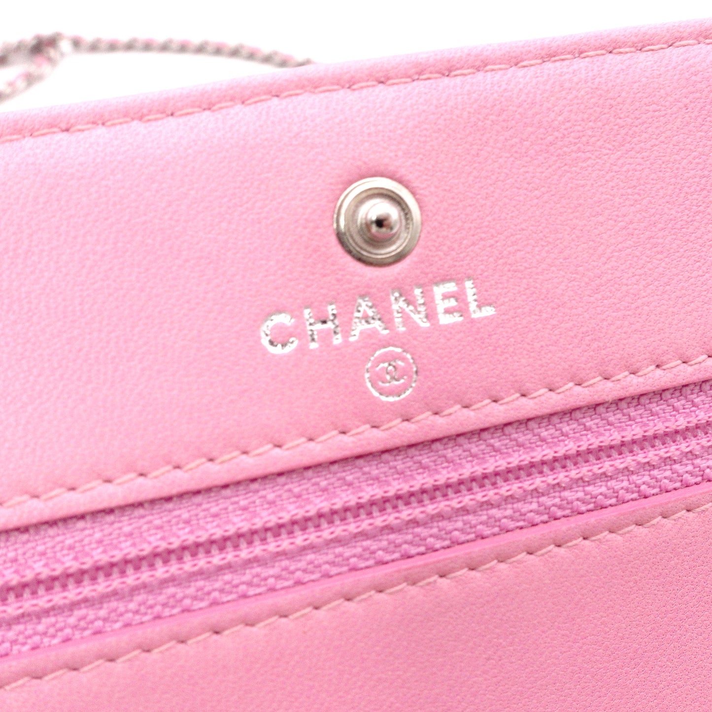 CHANEL Matelassé Wallet Chain, Leather, Pink, Crossbody, Silver Hardware