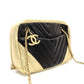 CHANEL Chevron V-Stitch Chain Shoulder Bag Black × Gold Leather Crossbody 7-9-592