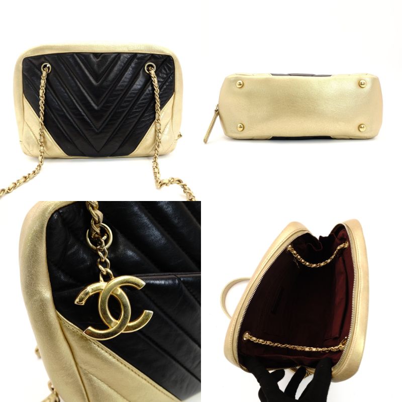 CHANEL Chevron V-Stitch Chain Shoulder Bag Black × Gold Leather Crossbody 7-9-592