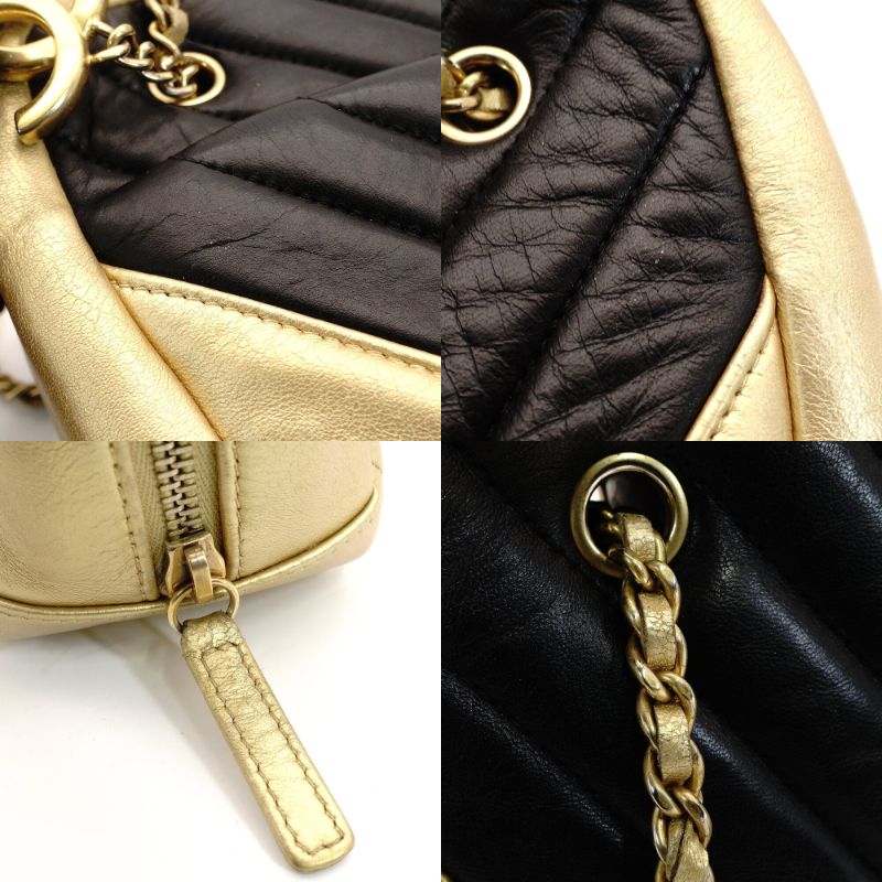 CHANEL Chevron V-Stitch Chain Shoulder Bag Black × Gold Leather Crossbody 7-9-592