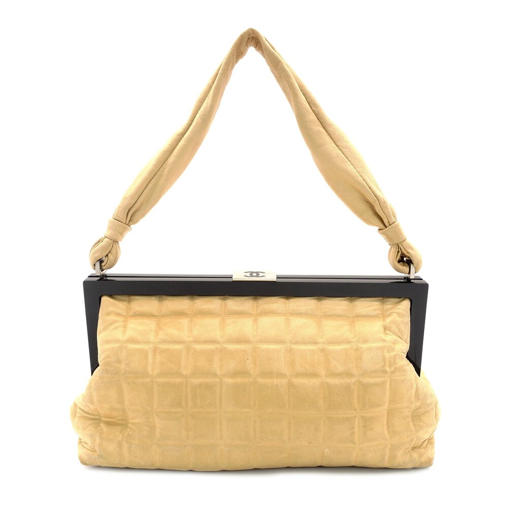 CHANEL Chocolate Bar One-Shoulder Bag Beige × Black Leather Lambskin 7-9-583