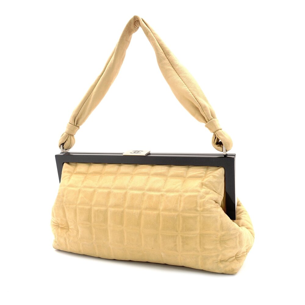 CHANEL Chocolate Bar One-Shoulder Bag Beige × Black Leather Lambskin 7-9-583