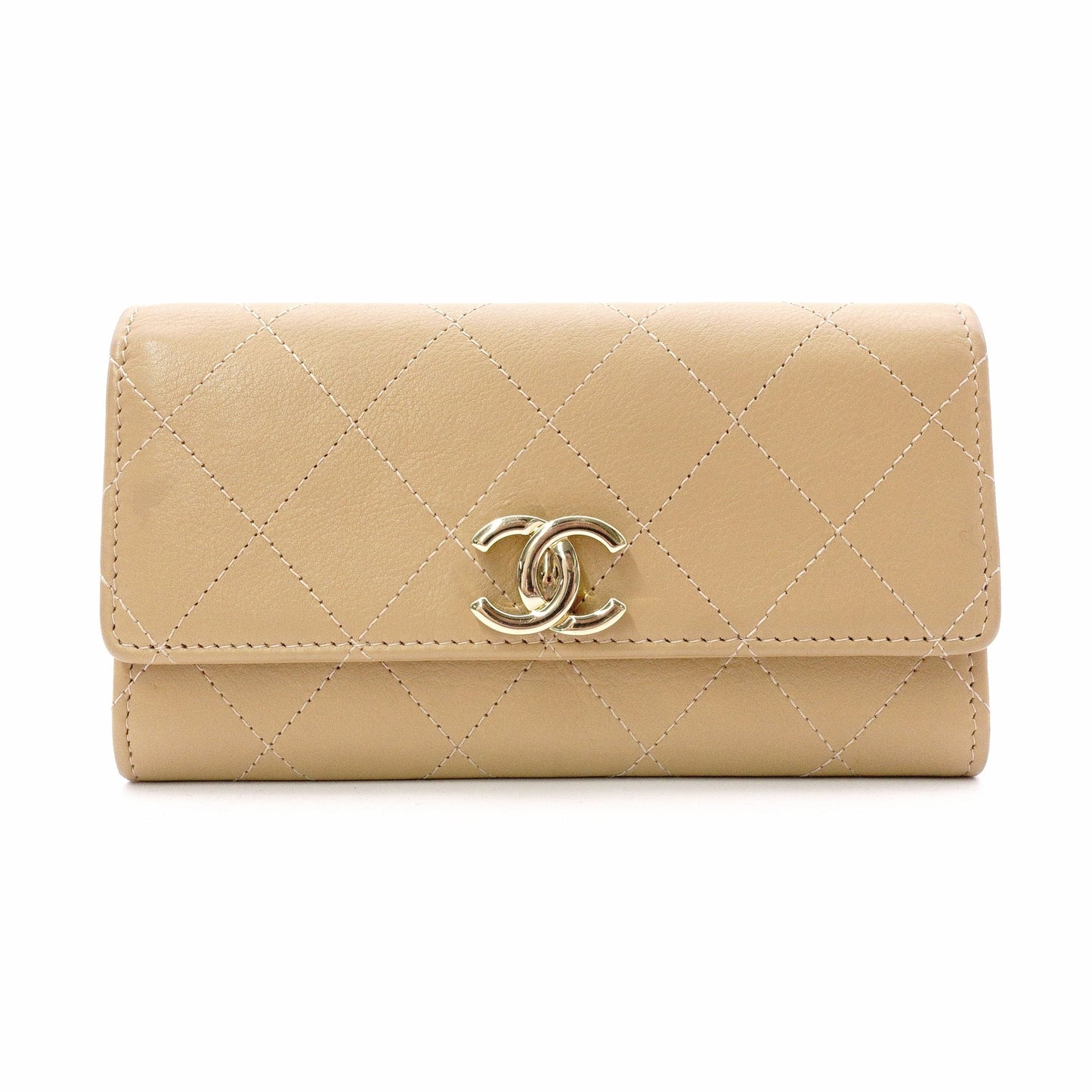CHANEL Lambskin Matelassé Long Wallet, Leather, Beige, Gold Hardware