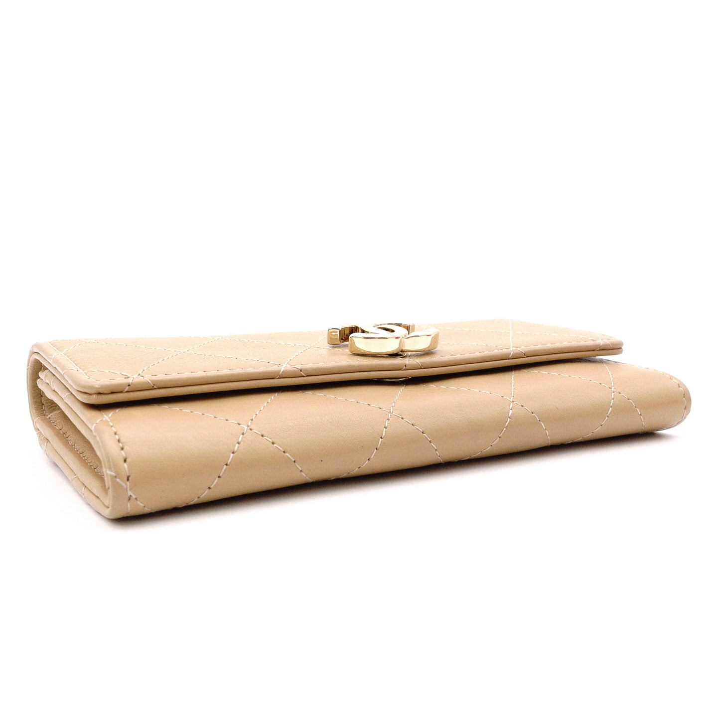 CHANEL Lambskin Matelassé Long Wallet, Leather, Beige, Gold Hardware