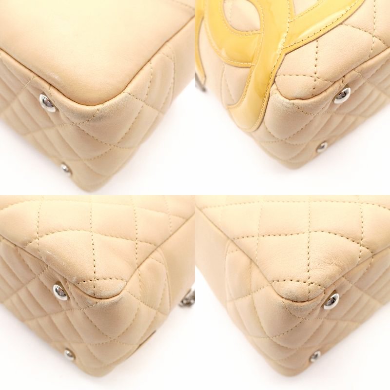 CHANEL Cambon Line Bowling Bag Beige Leather CC Logo Handbag Silver Hardware R8020047