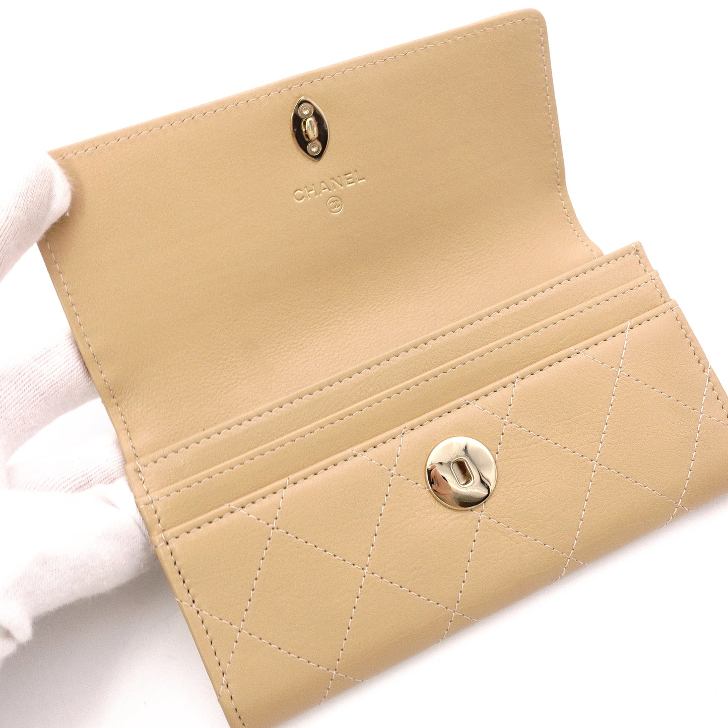 CHANEL Lambskin Matelassé Long Wallet, Leather, Beige, Gold Hardware