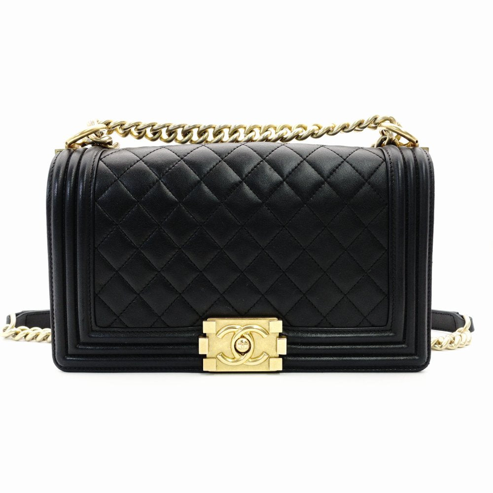 CHANEL Boy Chanel Medium Quilted Black Lambskin Shoulder Bag with Gold Hardware R8011034