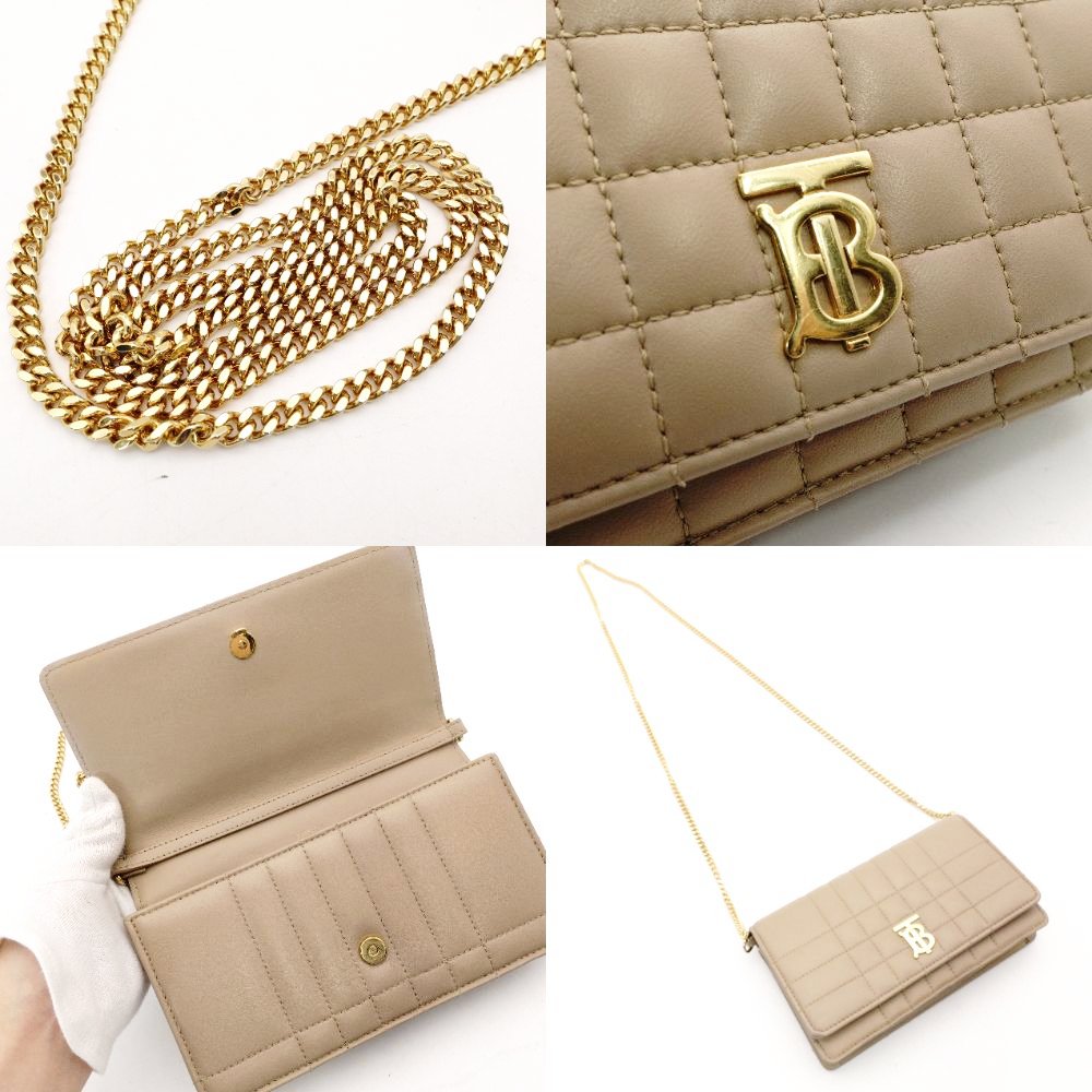 Burberry Laura TB Logo Chain Shoulder Bag Beige Leather Gold Hardware 7-11-606