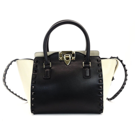 Valentino Garavani Rock Stud 2-Way Handbag Black × White Leather Black 7-7-312