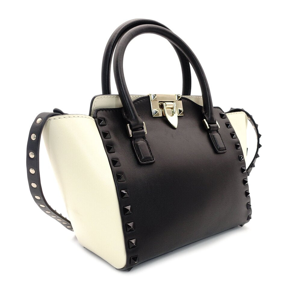 Valentino Garavani Rock Stud 2-Way Handbag Black × White Leather Black 7-7-312